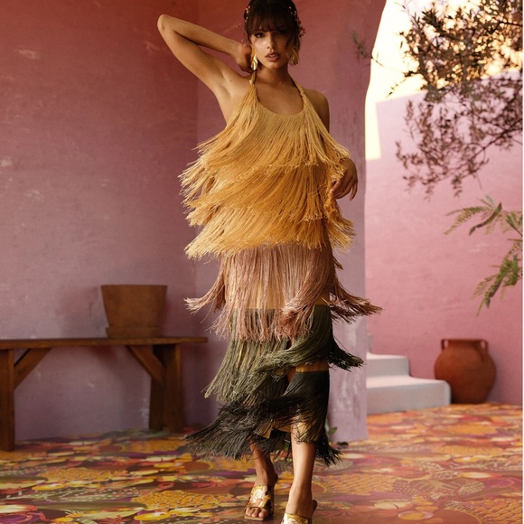 Andrea Iyamah NWT Fringe Layered Dress in Gold and Brown - Picture 1 of 6